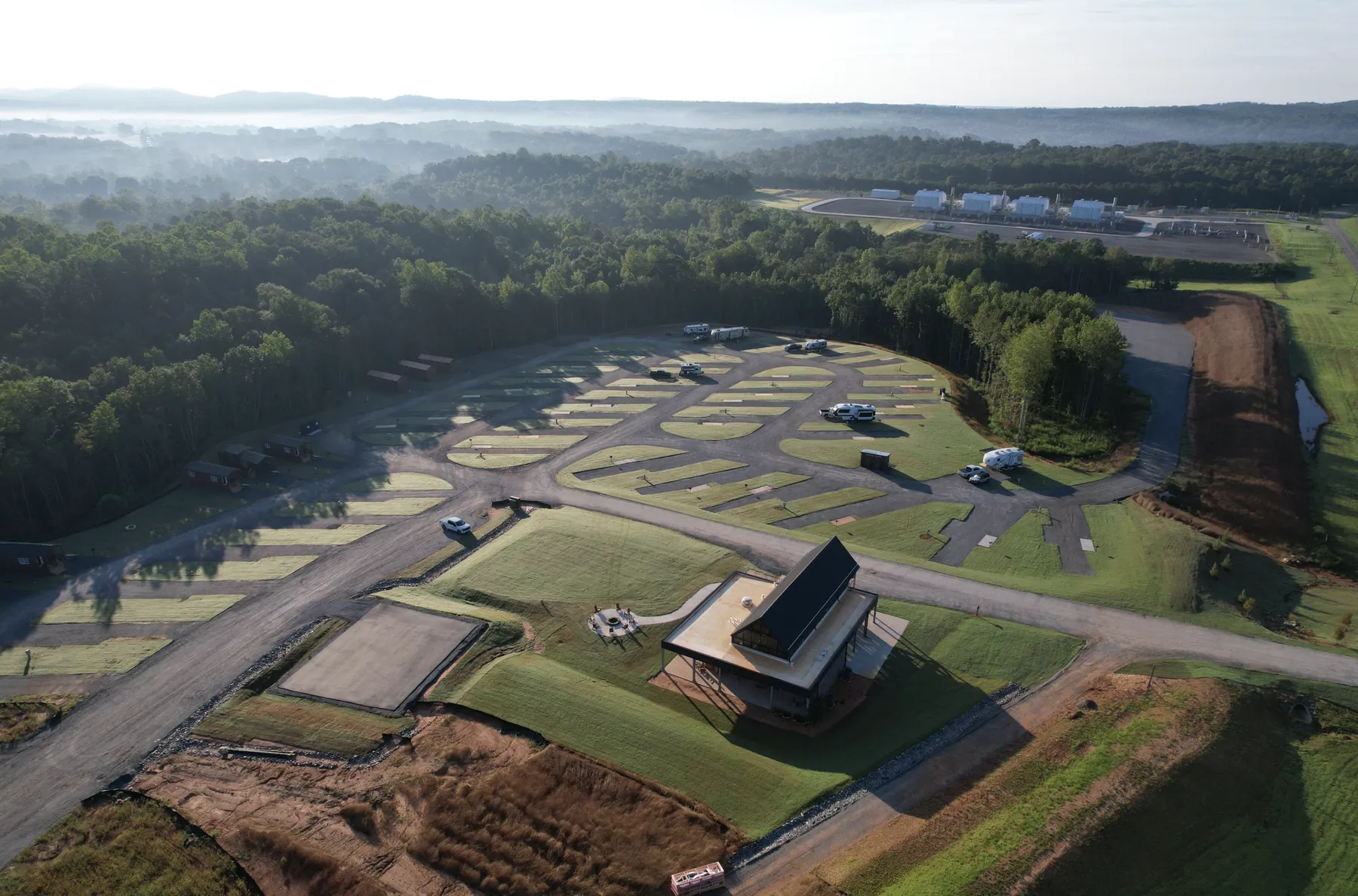 Misty morning aerial of Kings Mountain RV Resort